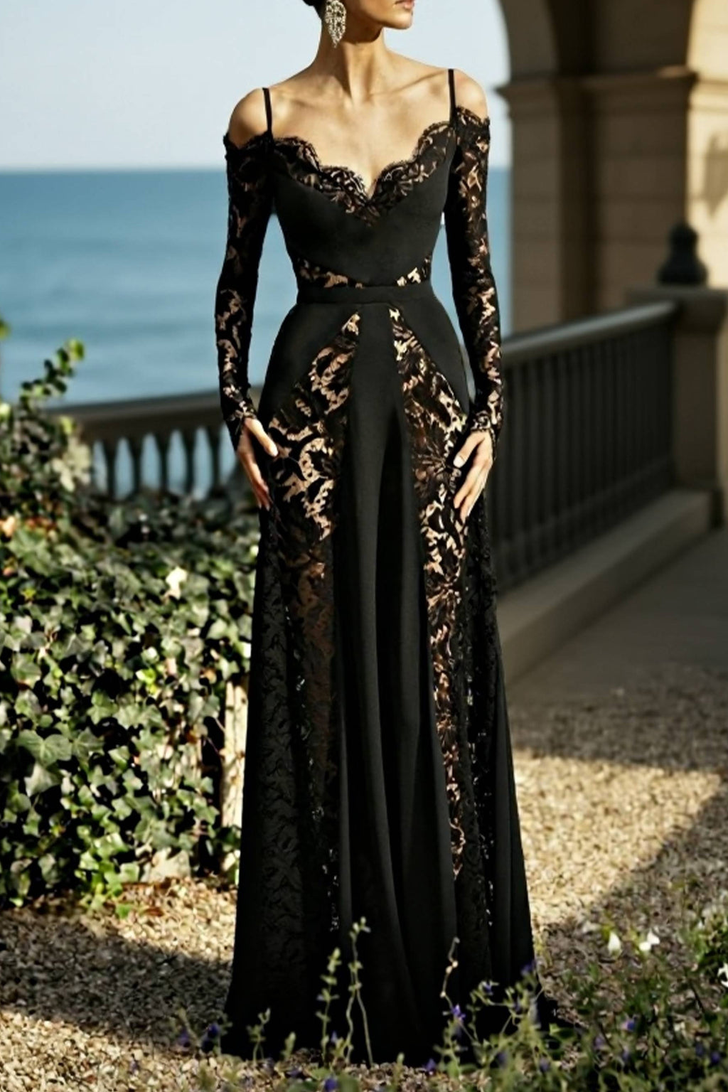 Formal Evening Dress Black V Neck Lace Maxi Long Sleeve Dress