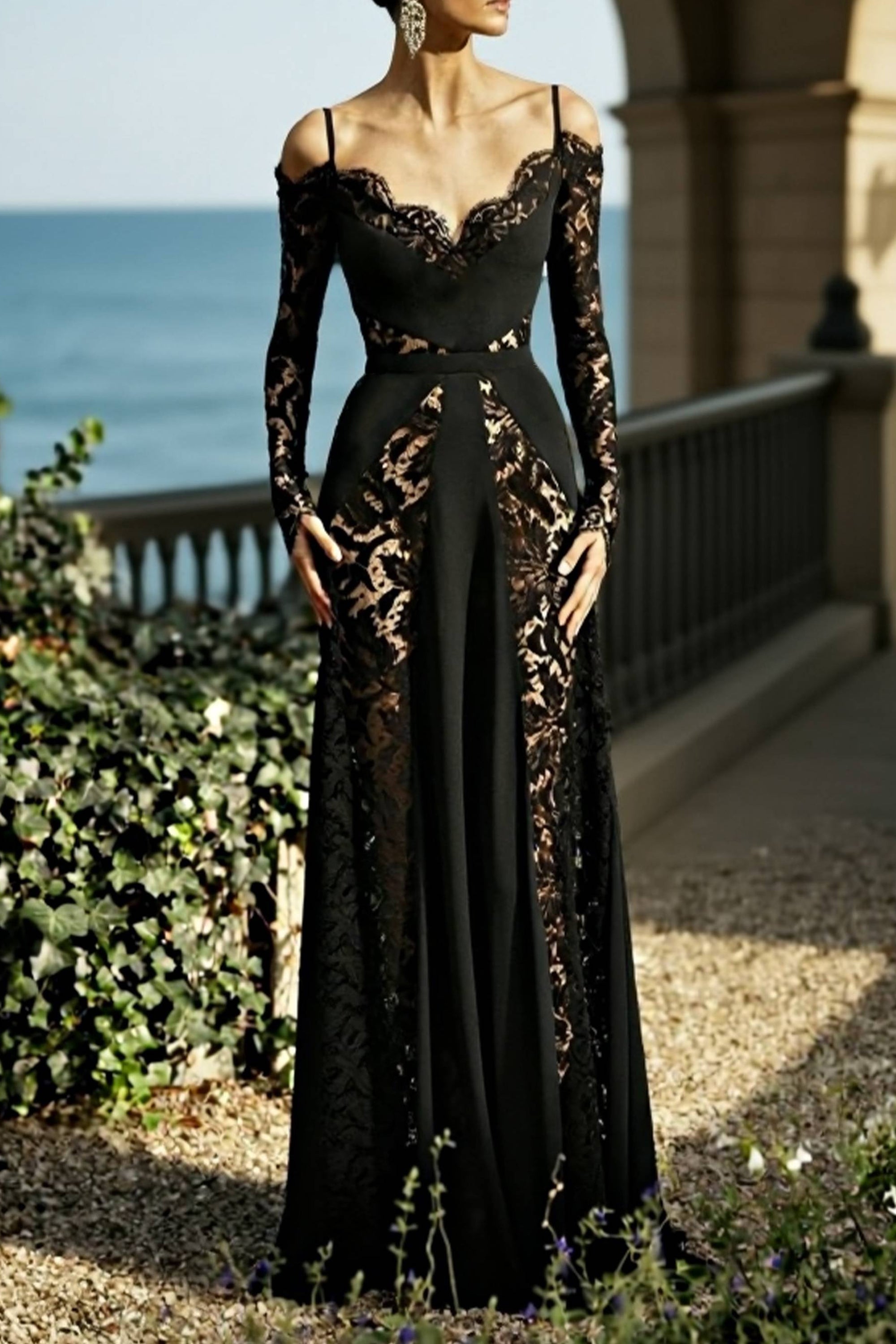 Formal Evening Dress Black V Neck Lace Maxi Long Sleeve Dress