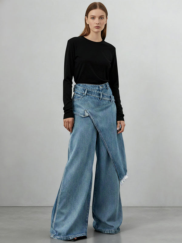 High Waisted Irregularity Asymmetric Buttoned Fringed Interlace Layered Pockets Solid Color Jean Pants Bottoms