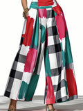 High Waisted Wide Leg Contrast Color Plaid Pleated Pockets Split-Joint Pants Trousers