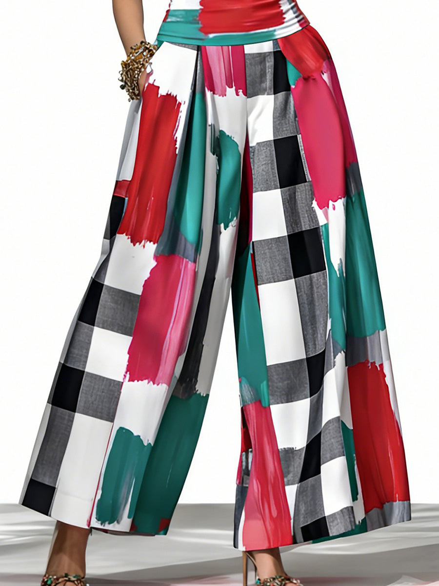 High Waisted Wide Leg Contrast Color Plaid Pleated Pockets Split-Joint Pants Trousers