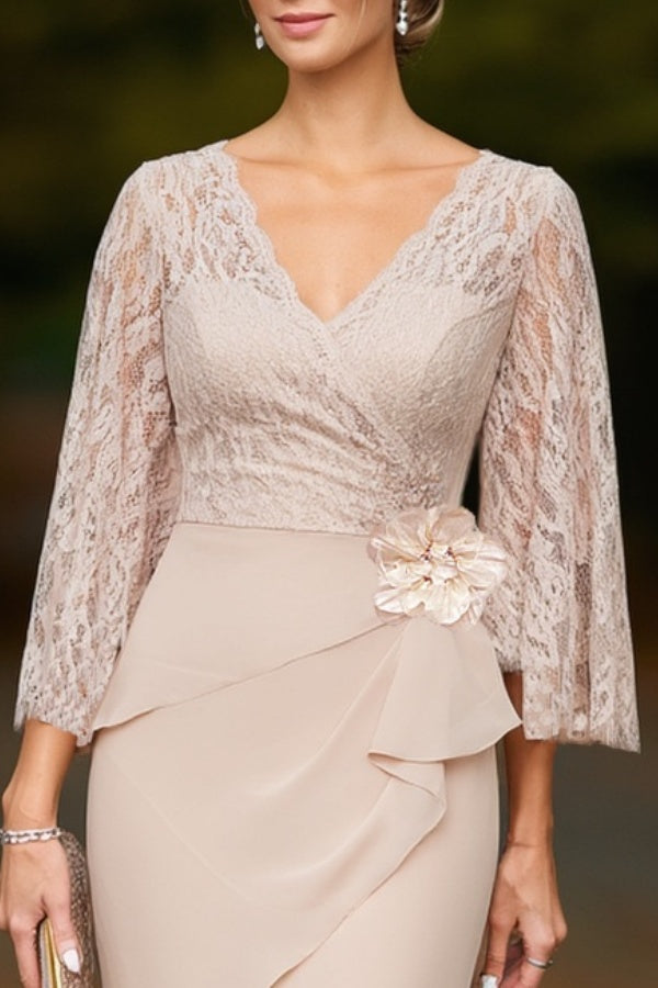 Mother of the Bride Dress Apricot Lace V Neck Flower Maxi Dress