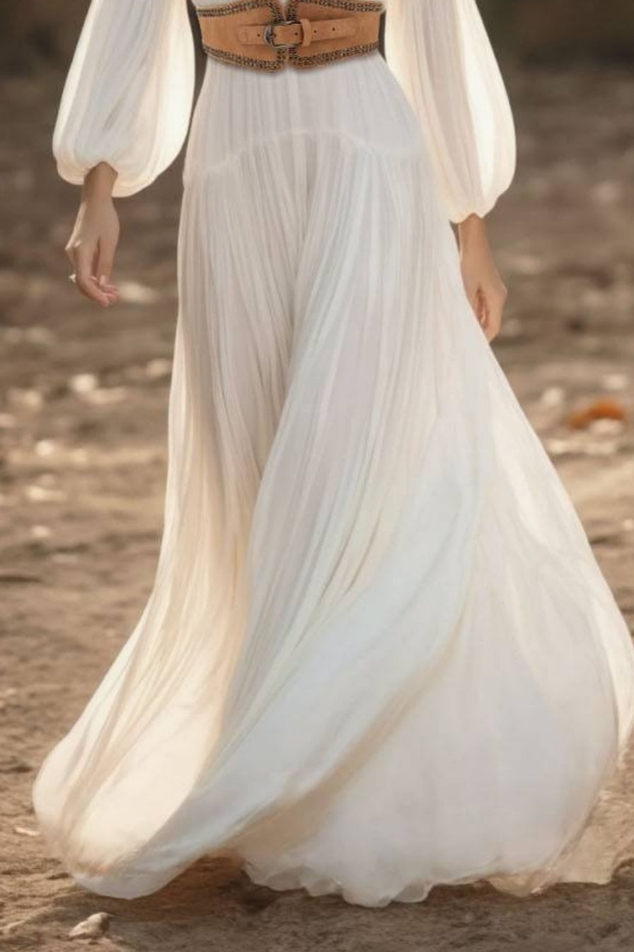 Bohemian Swing Dress White V Neck Belted Maxi Dress