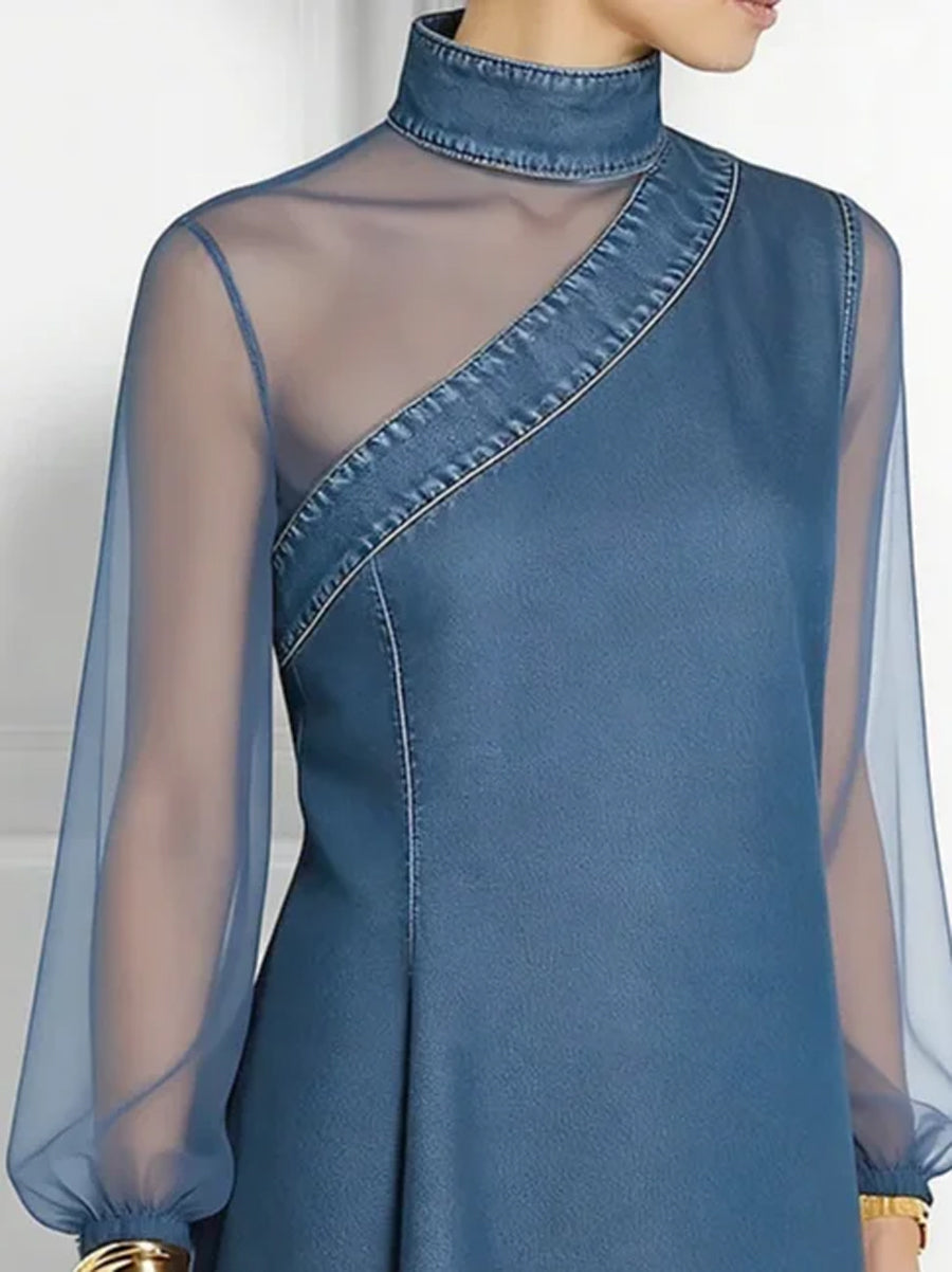 Long Sleeves Puff Sleeves Asymmetric Mesh Split-Joint Mock Neck Blouses&Shirts Tops