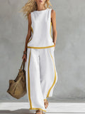 Contrast Color High Waisted Pants + Round-Neck Sleeveless Top Two Pieces Set