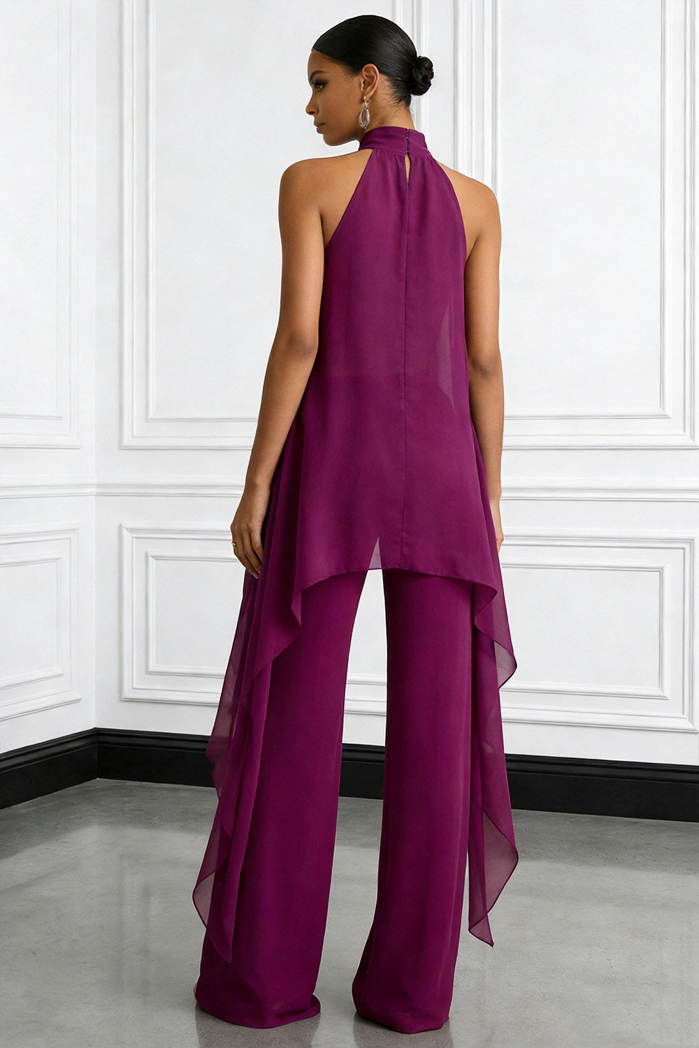 Purplish Red Casual Blouse Set High Neck Two-Piece Pants Set