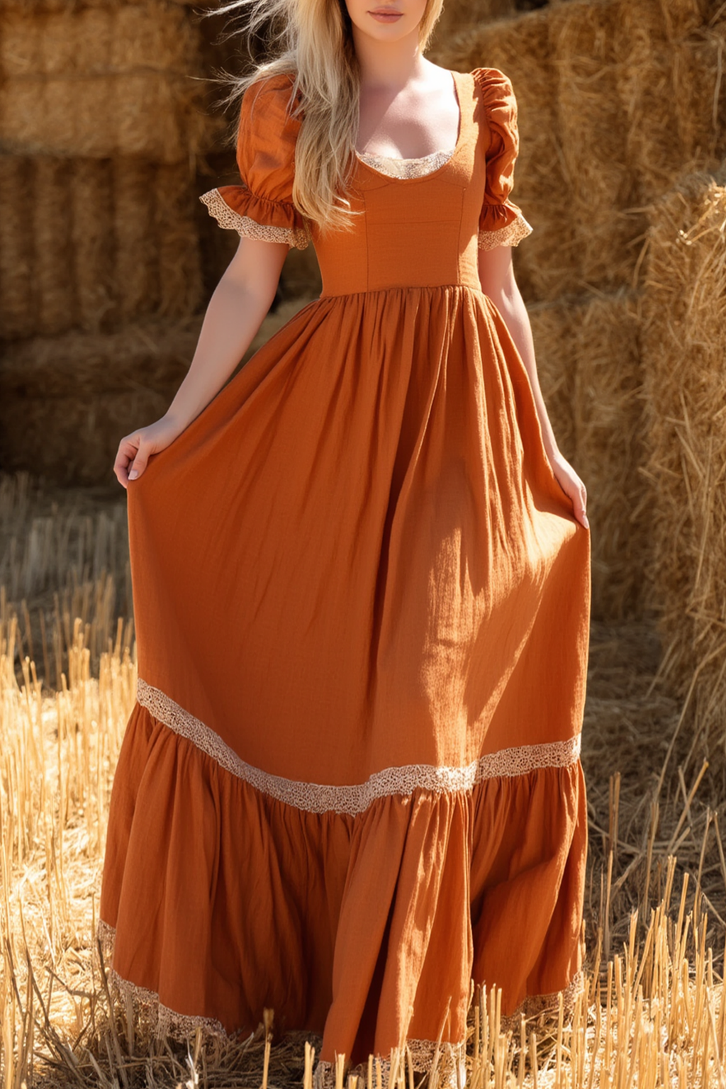 Bohemian Dress Orange U Neck Short Sleeve Maxi Dress