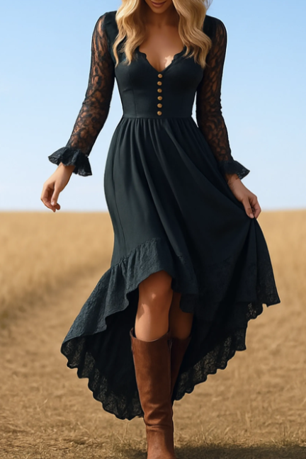 Boho Dress Black V Neck Ruffle Lace Long Sleeve High-Low Hem Dress