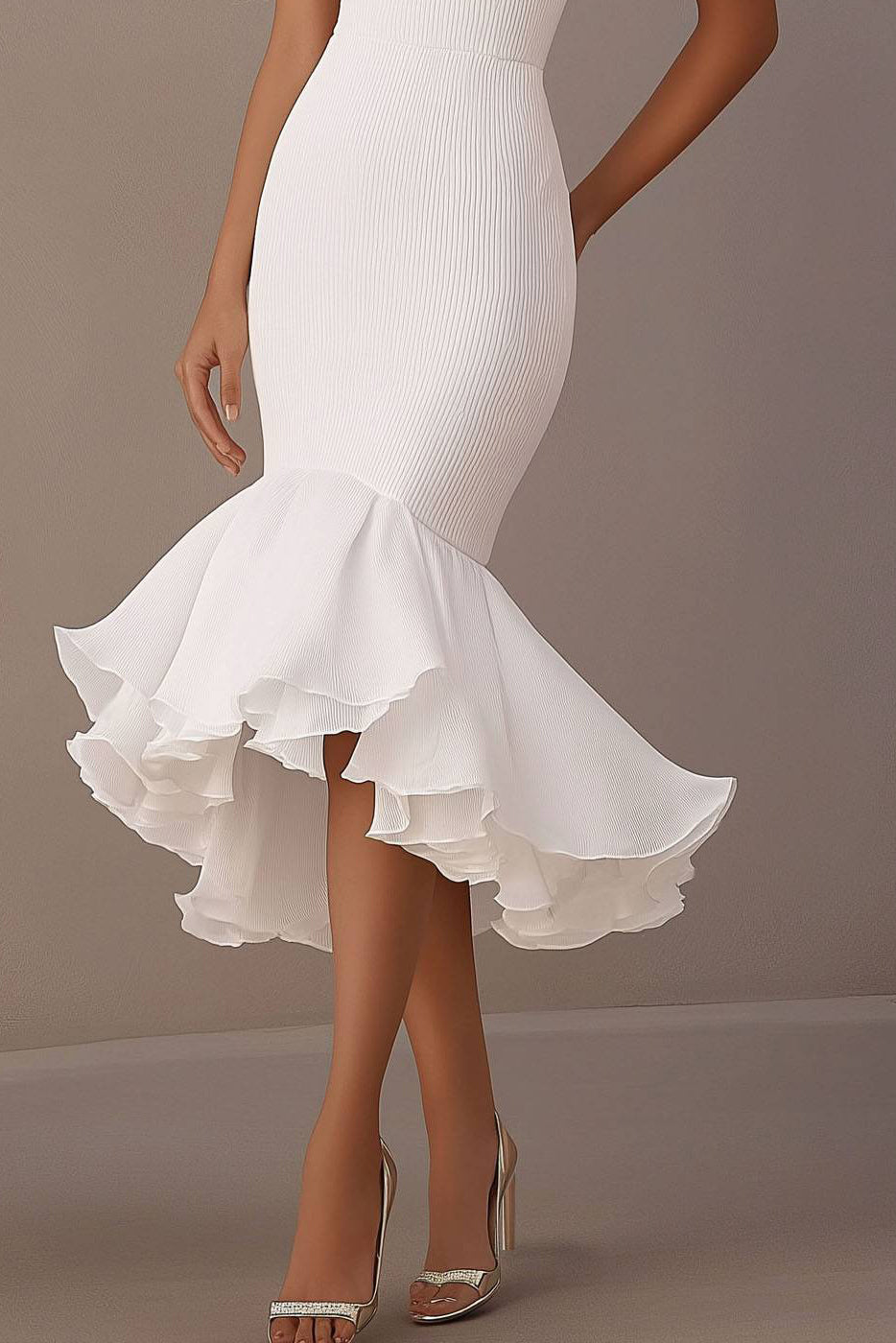 Cocktail Party Halter Neck Dress White Fitted Mermaid Midi Dress