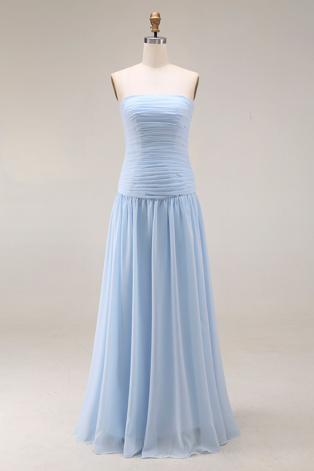 Light Blue Formal Wedding Bridesmaid Dress Strapless Chiffon Maxi Dress