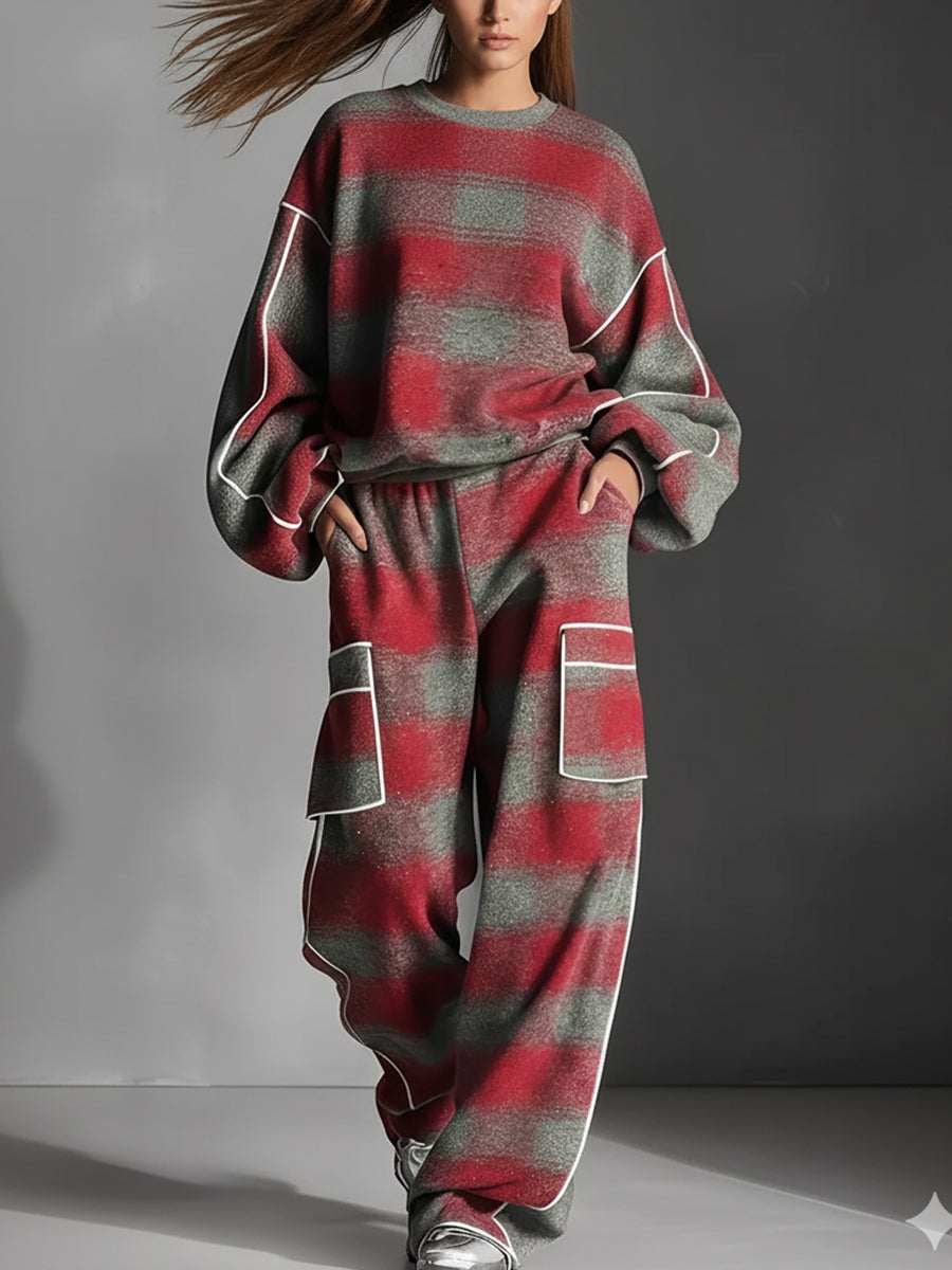 Loose Wide Leg Contrast Color Line Pockets Split-Joint Striped Pants