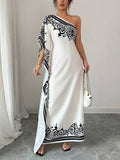 Batwing Sleeves Loose Asymmetric Elasticity Flower Print Pleated One-Shoulder Maxi Dresses