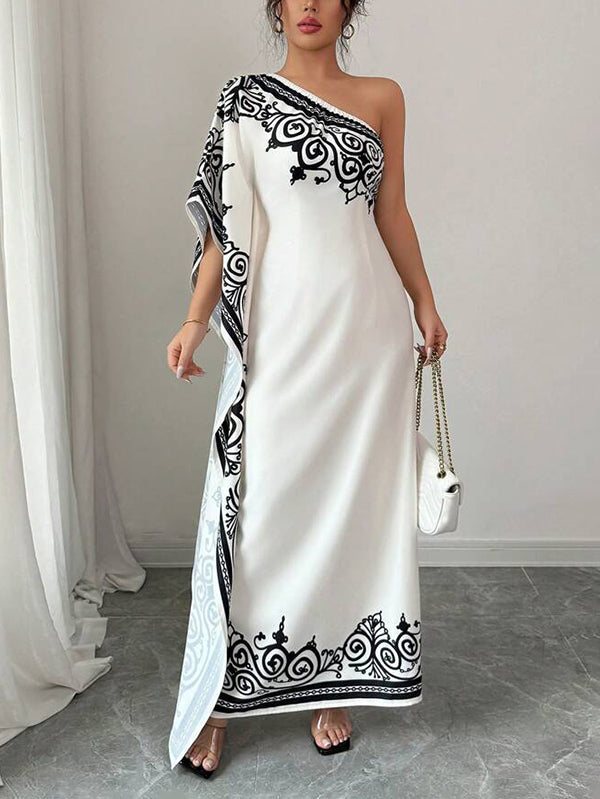Batwing Sleeves Loose Asymmetric Elasticity Flower Print Pleated One-Shoulder Maxi Dresses