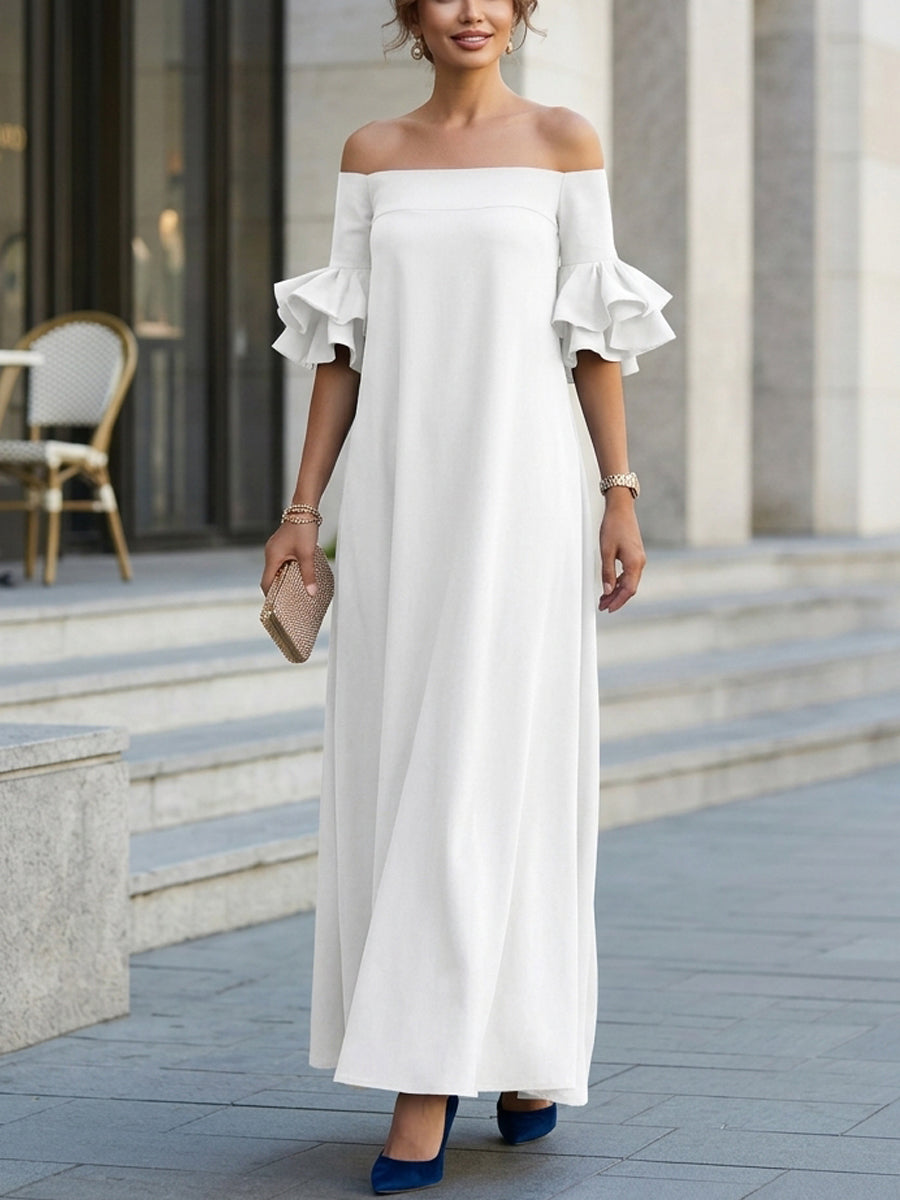 Half Sleeves Loose Solid Color Off-The-Shoulder Maxi Dresses