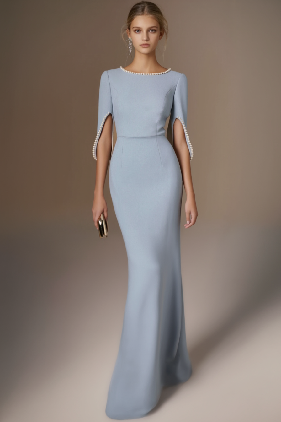Formal Dress Blue with Pearls Maxi Mother of the Bride Dress