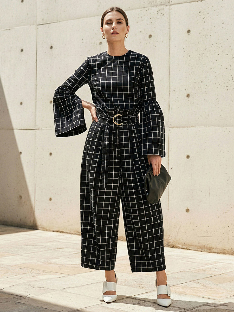 Elasticated Waist High Waisted Belted Contrast Color Split-Joint Pants