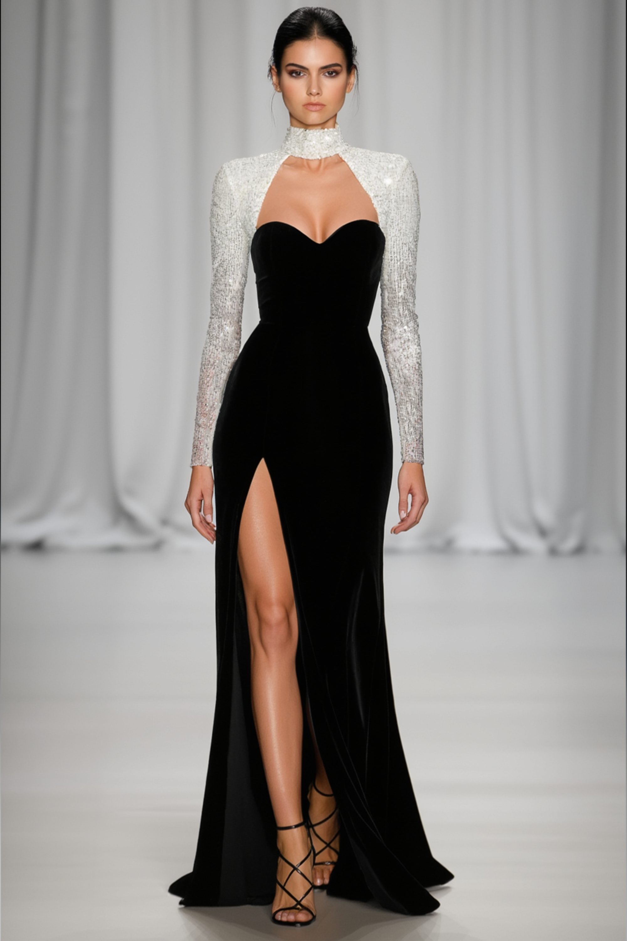 Evening Dress Set Black Strapless Velvet Slit Maxi Dress with Sequin Bolero