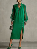 Long Sleeves Puff Sleeves Buttoned Pleated Pockets Solid Color Split-Side V-Neck Midi Dresses