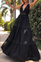 Bohemian Dress Black Deep V Sleeveless Lace Maxi Dress