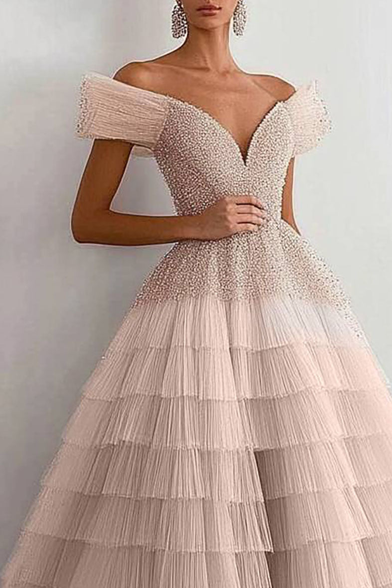 Evening Prom Tiered Dress Off-The-Shoulder Rhinestone Ruffled Graduation Dress