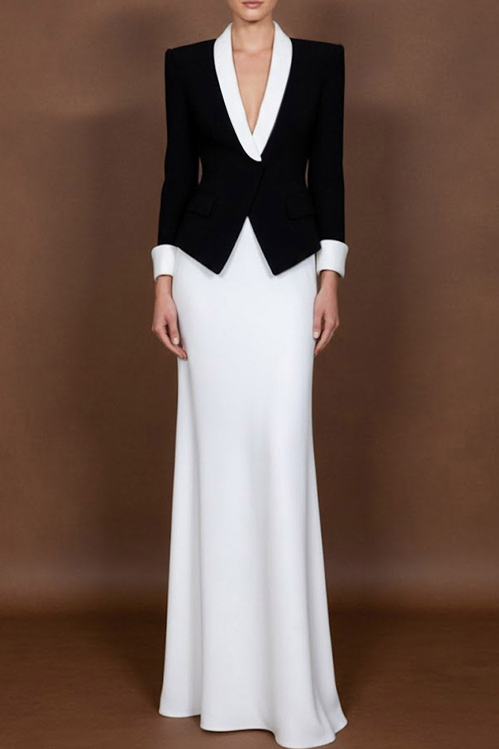 Black Business Formal Blazer Suit Lapel Long Sleeve Maxi Skirt Set