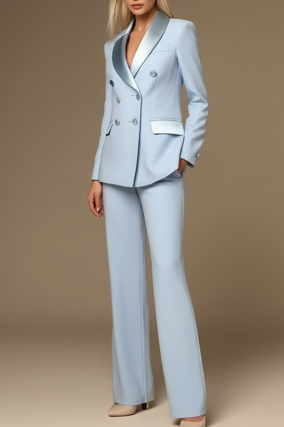 Work Formal Pants Suit Light Blue Long Sleeve Pocket Blazer Set