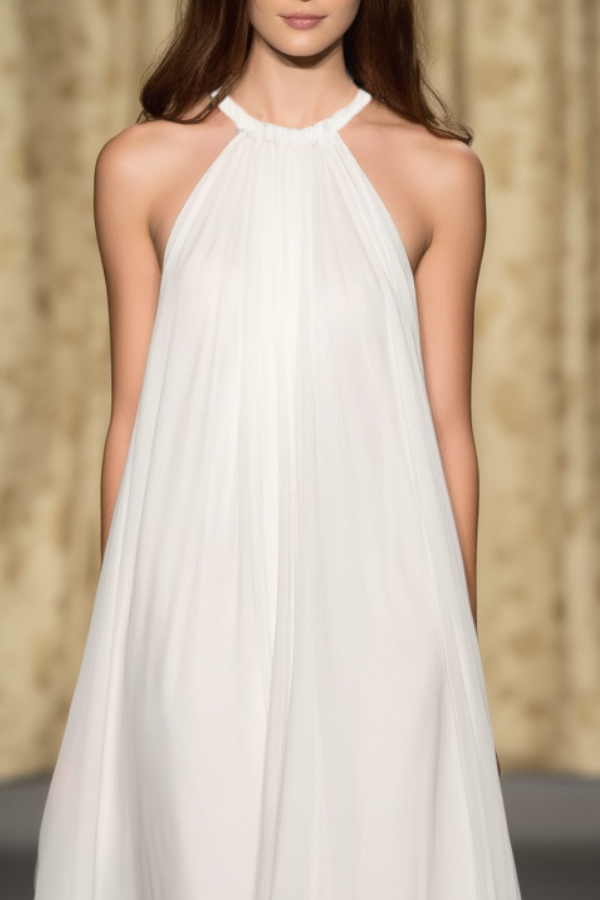 Vacation Halter Neck Dress White Chiffon Maxi Dress