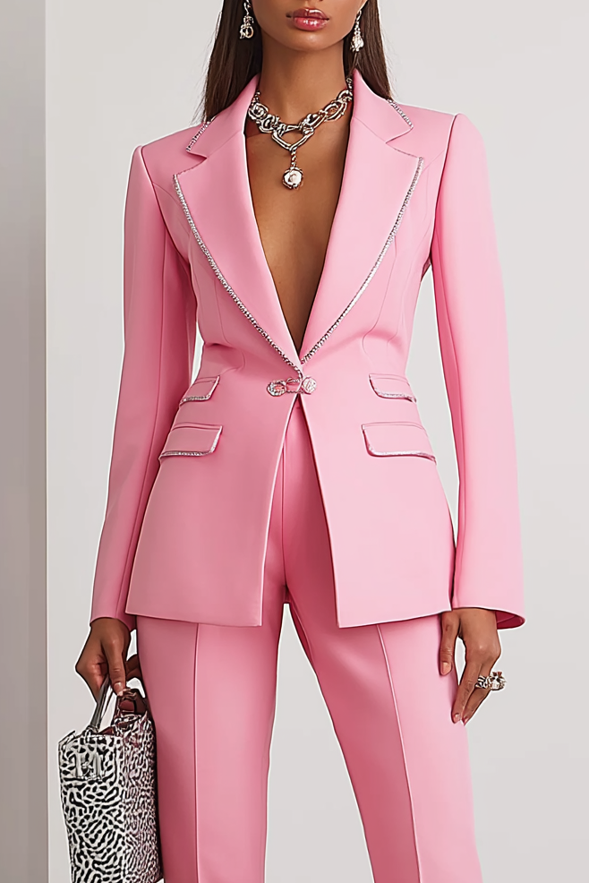 Work Formal Pants Suit Pink Long Sleeve Straight-Leg Blazer Set
