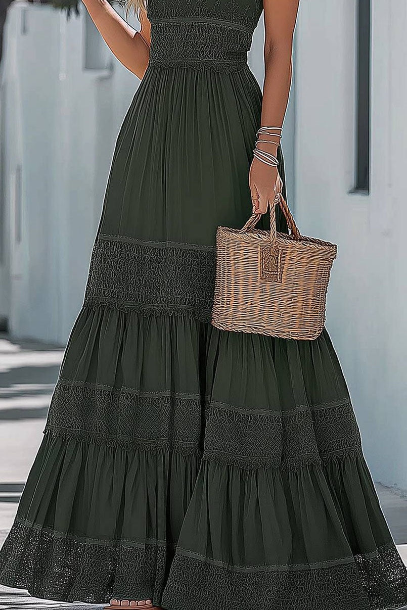 Bohemian Vintage Dress Green Spaghetti Strap Maxi Dress