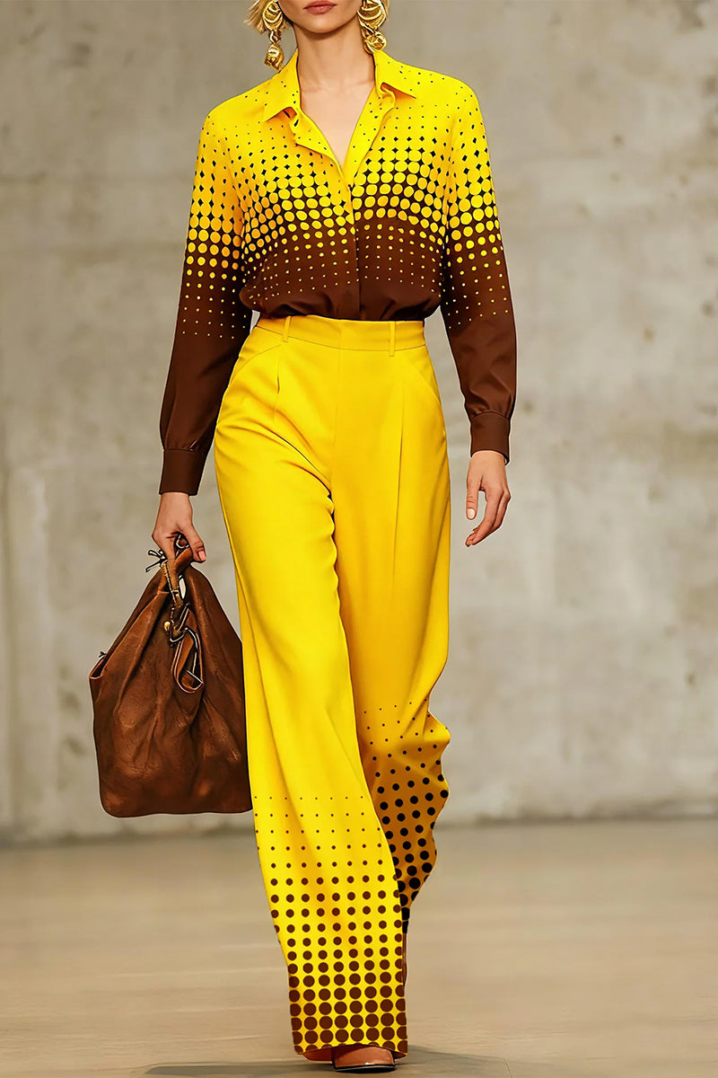 Long Sleeves Loose Buttoned Contrast Color Polka-Dot Split-Joint Lapel Blouses&Shirts Tops