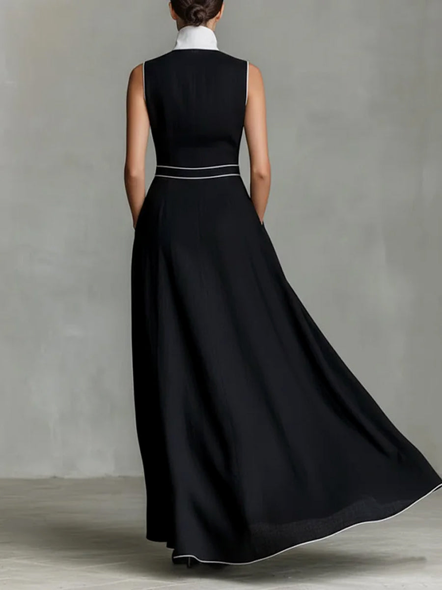 A-Line High Waisted Buttoned Contrast Color Pockets Split-Joint Lapel Maxi Dresses
