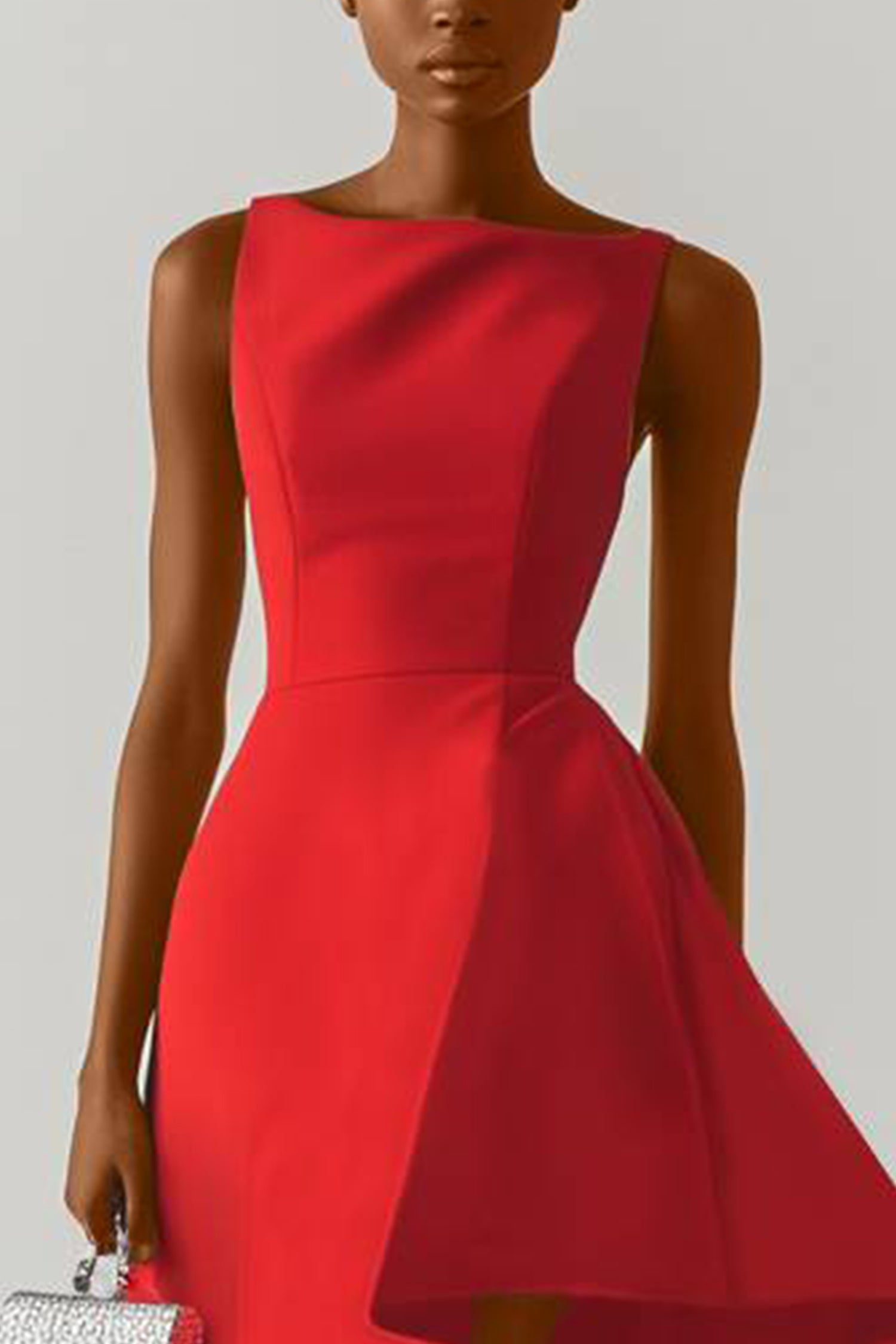 Cocktial Party Red Dress Sleeveless Boat Neck Asymmetrical Midi Dress