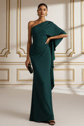 Emerald Green Formal Evening Dress One Shoulder Maxi Dress with Cape