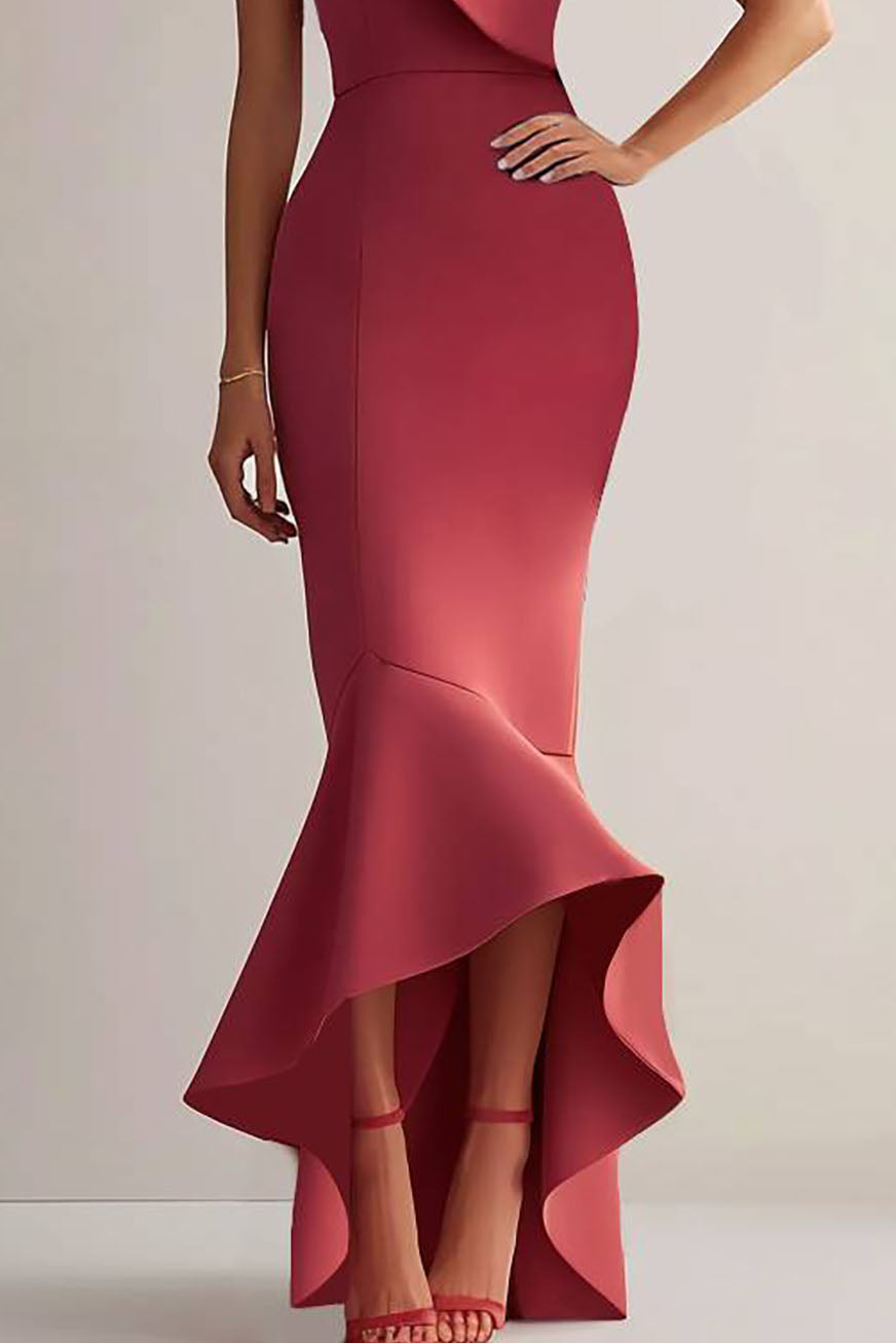Party Semi-Formal Dress Red One-Shoulder Ruffle Mermaid Bodycon Maxi Dress