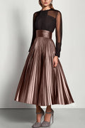 Party Prom Dress Metallic Fabric Pleated Midi Dress