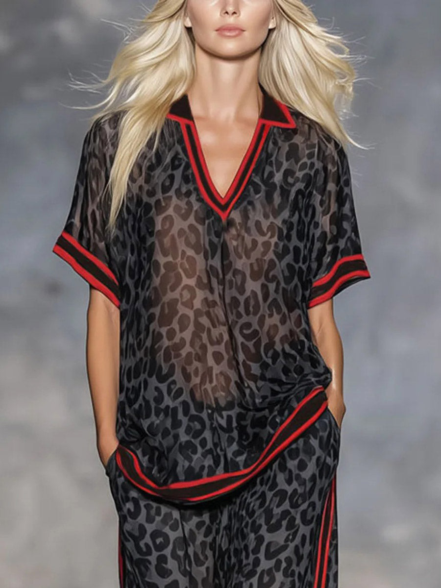 Loose Short Sleeves Contrast Color Leopard Split-Joint Striped Lapel Blouses&Shirts Tops