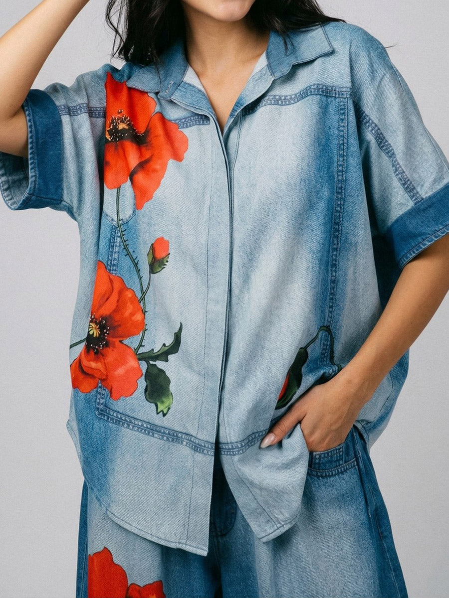 Loose Short Sleeves Buttoned Contrast Color Flower Print Lapel Blouses&Shirts Tops