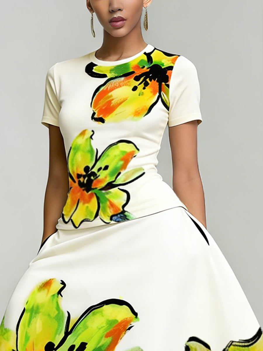 Short Sleeves Flower Print Round-Neck T-Shirts Tops