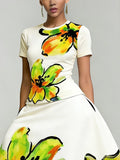 Short Sleeves Flower Print Round-Neck T-Shirts Tops