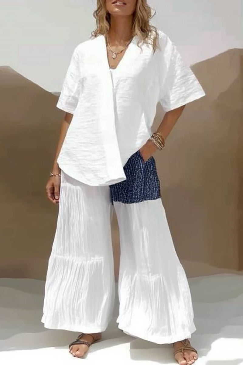 Casual Daily Linen Set White V-Neck Loose Top Colorblock Wide-Leg Pants Set