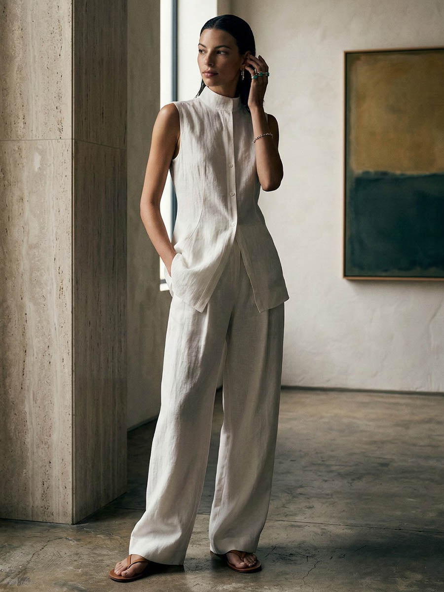 Loose Sleeveless Buttoned Solid Color Stand Collar Vest Top