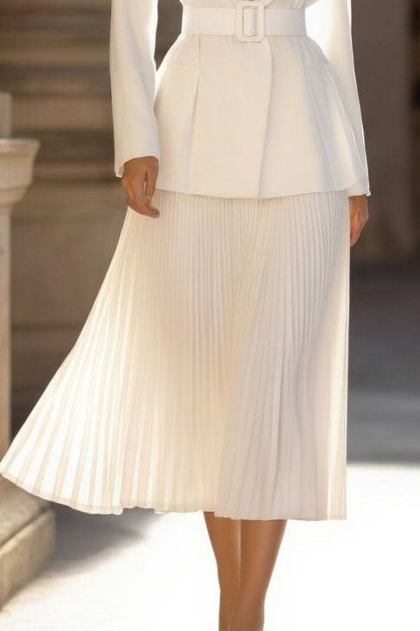 Work Blazer Suit White Lapel Pleated Midi Skirt Set