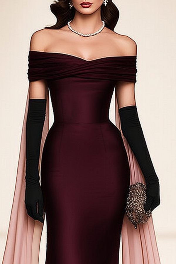 Evening Dress Burgundy Off The Shoulder Cape Maxi Dress