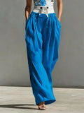 High Waisted Wide Leg Buttoned Contrast Color Pleated Pockets Split-Joint Tied Waist Pants Trousers