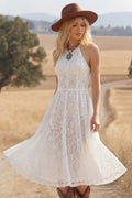 White Bohemian Dress A-Line Halter Lace Midi Dress