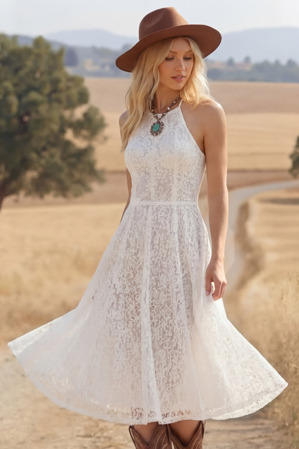 White Bohemian Dress A-Line Halter Lace Midi Dress