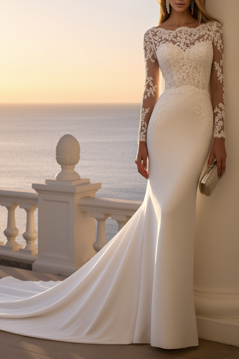 Wedding Dress White Boat Neck Lace Maxi Long Sleeve Dress