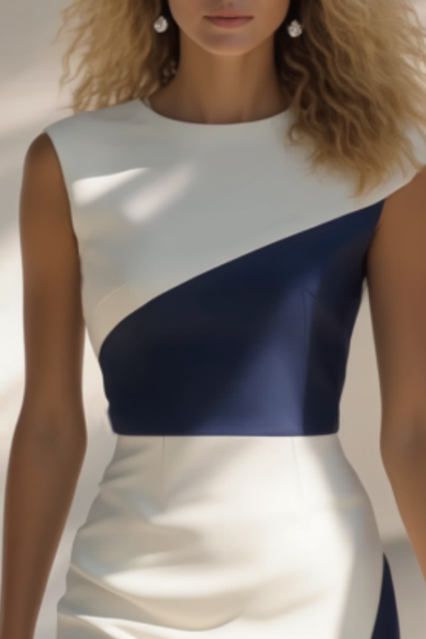 Work Dress White Navy Colorblock Sleeveless Knee-Length Dress