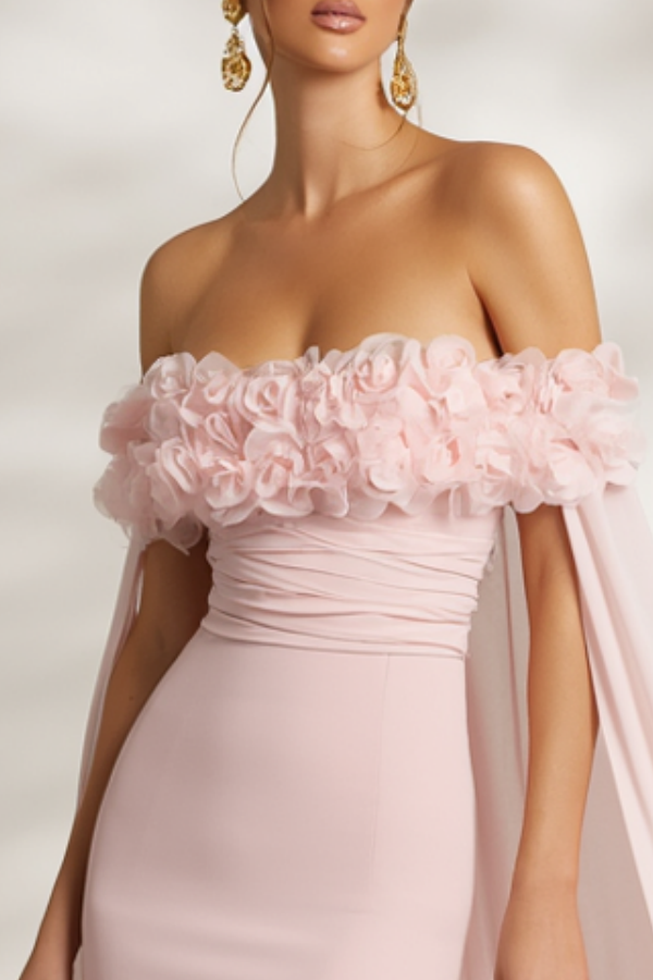Formal Dress Pink Off Shoulder 3D Floral Cape Maxi Dress