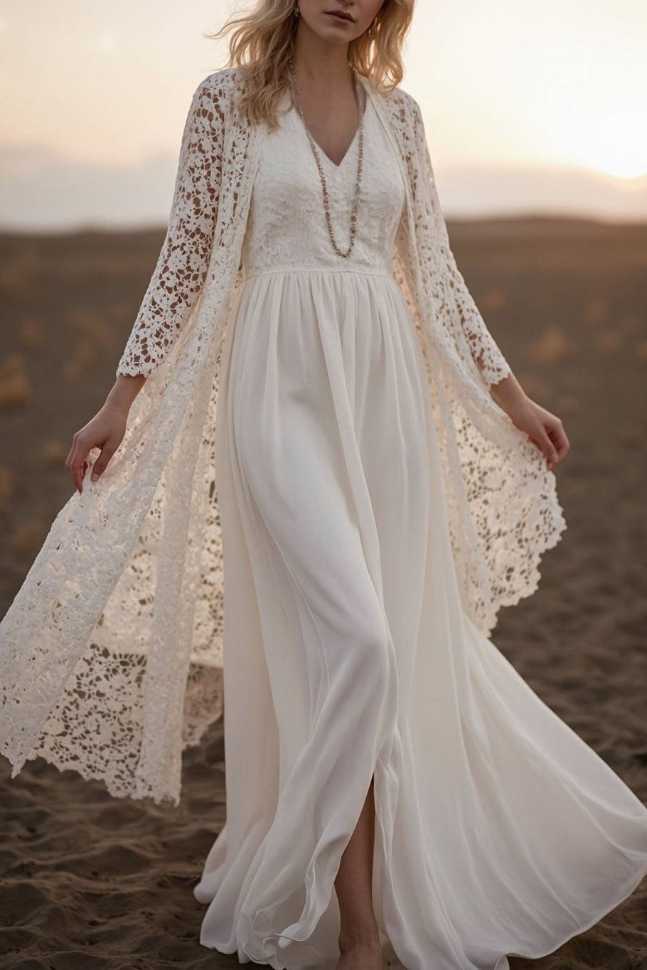 Vacation Lace Dress Set Long Sleeve Cardigan V-Neck Maxi Dress Set